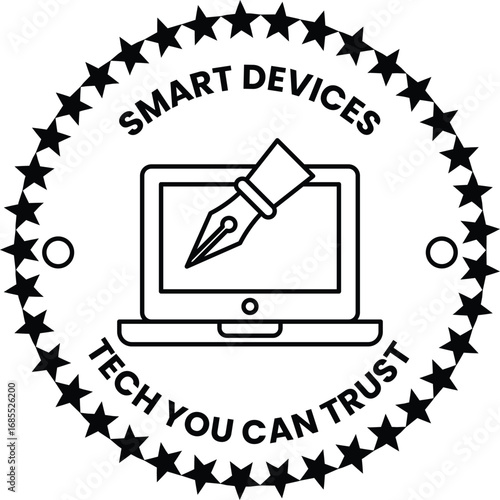 A black and white image of a pen on a laptop with the words "Smart Devices Tech