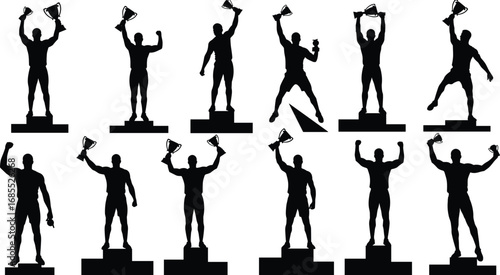 Winner holding trophy silhouette, success celebration vector illustration, sports champion, athlete award ceremony, victory pose, competition achievement, proud man, black trophy design