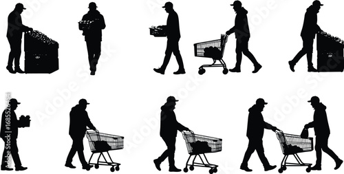Silhouette man shopping with cart, carrying groceries, supermarket customer vector illustration, retail market lifestyle design, grocery store buyer pushing trolley collection set