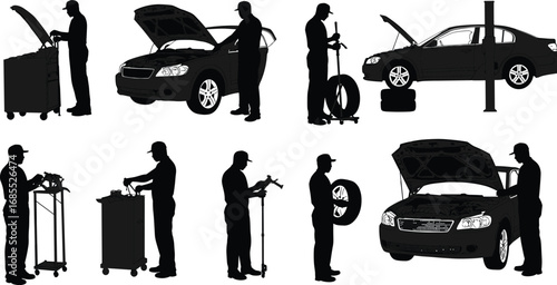 Silhouette car mechanic working in garage, repairing vehicle, checking engine, fixing tires, auto service maintenance vector illustration, automotive repair workshop design set
