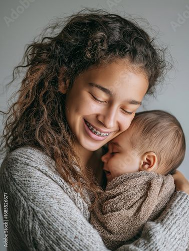 Young woman embraces her baby with love in a cozy indoor setting during the afternoon