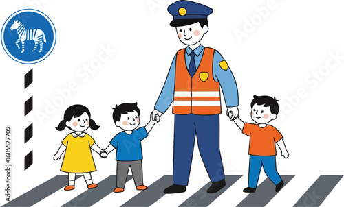 Vector art of policeman helping children cross the street at a zebra crossing