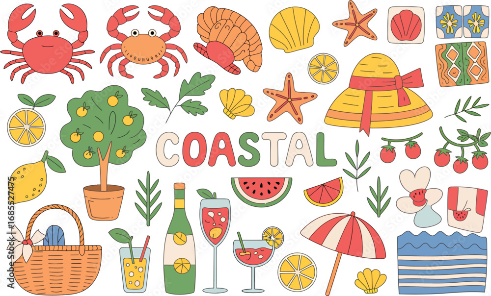 Fototapeta premium A vibrant collection of coastal summer themed doodle elements, featuring cute crabs, refreshing lemon cocktails, seashells, and a sun hat for a fun beach mood.