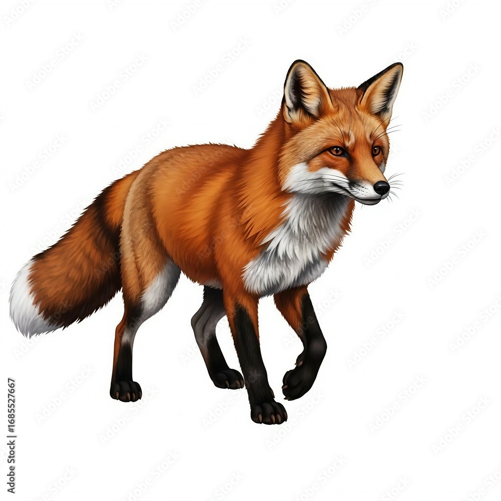 Obraz premium A realistic illustration of a red fox walking, isolated on a white background, showcasing its bushy tail and alert expression