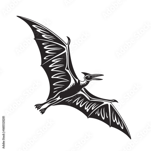Black and white vector illustration of a flying pterodactyl dinosaur. Isolated silhouette for a logo or tattoo design from the prehistoric era