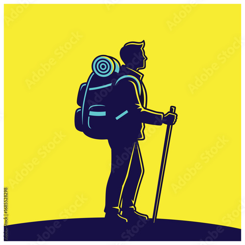 Silhouette of a man with a backpack and trekking pole against a bright yellow background hiking