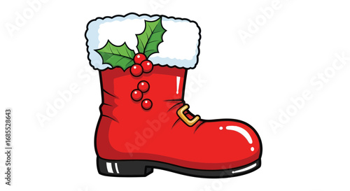 Festive Red Santa Boot with Holly and Berries Decoration.