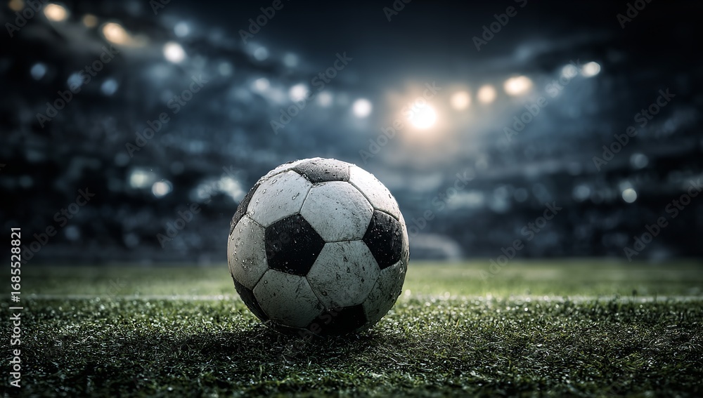 Obraz premium Soccer ball on stadium field under spotlight with blurred cheering fans, representing sports competition, men’s team match, and football championship atmosphere