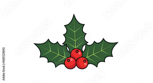 Holly Berry Sprig with Three Berries and Green Leaves.