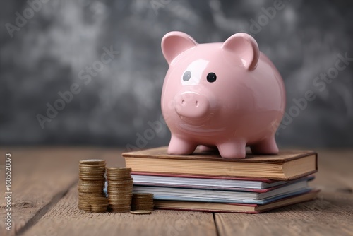 Innovative Funding for Education: Pink Piggy Bank Surrounded by Books and Coins on Wooden Surface