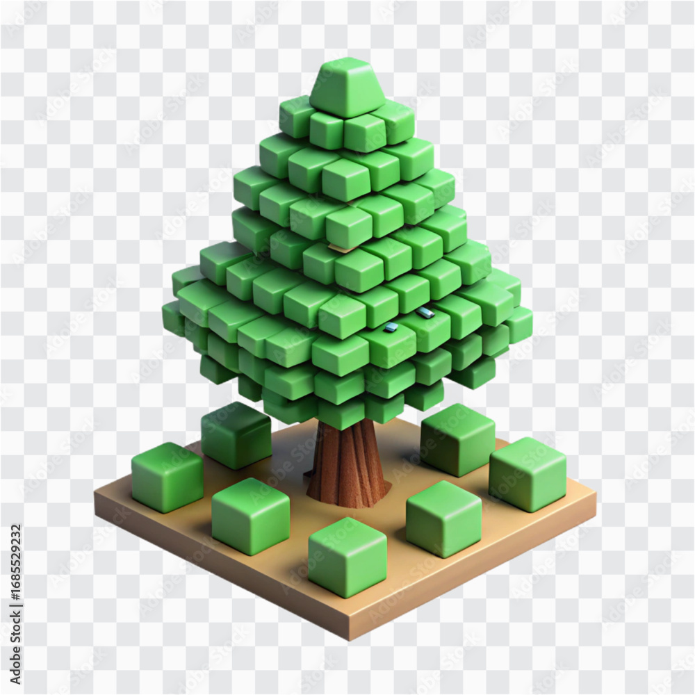 Fototapeta premium Voxel Pixel Style 3D Pine Tree | Blocky Cubes Retro Winter Forest Icon