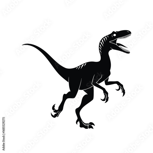 Velociraptor dinosaur silhouette in an aggressive hunting pose, isolated black color vector graphic on a white background