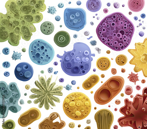 Colorful microscopic cells, diverse shapes and sizes