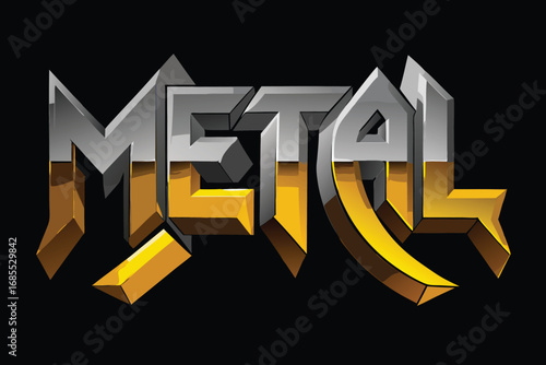 Vector art of a striking logo featuring the word metal in a bold, metallic font with silver and gold accents, set against a solid
