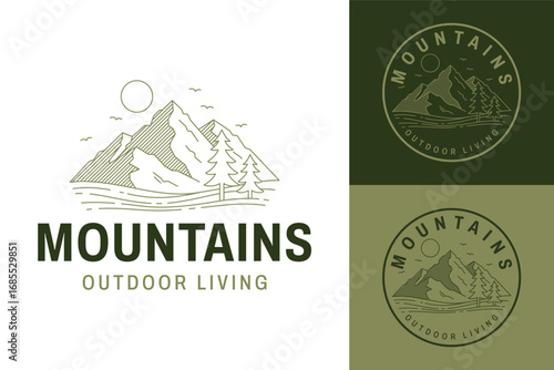 Modern Green Line Art Logo Featuring Pine Forest and Rugged Summit