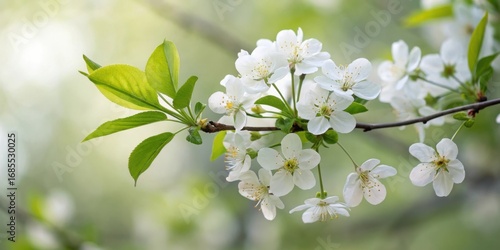 Delicate white cherry blossoms bloom on a branch with soft green leaves in sunlight