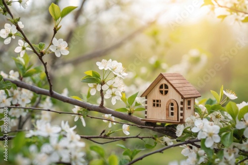 Wallpaper Mural Charming miniature wooden house nestled among blooming apple tree branches bathed in soft sunlight Torontodigital.ca