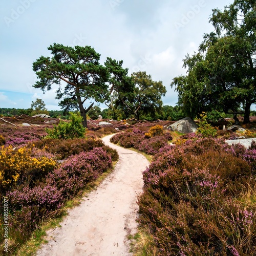 A light beige path winds through a field of vibrant purple heather and other wildflowers, dotted with boulders and trees