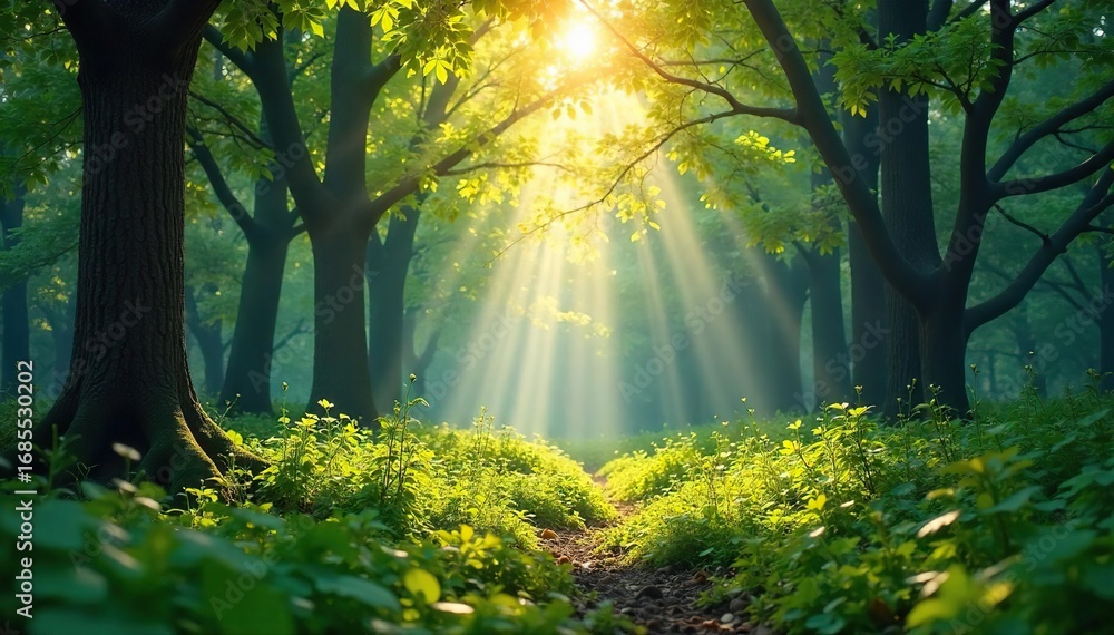Obraz premium Serene forest scene perfect for nature meditation; sunlight dappling through leaves, creating a peaceful atmosphere ideal for mindfulness and relaxation , branches, spiritual journey