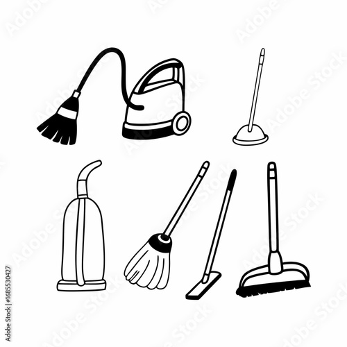 Illustration of various cleaning tools, including brooms and vacuum cleaners