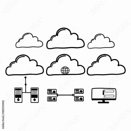 Cloud computing network with servers and computers, data storage technology