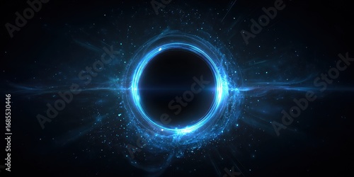 Vibrant photo of abstract, futuristic background with a blue, glowing light ring on a black, dark scene. a portal to another world, with energy flow and aura effects around the.