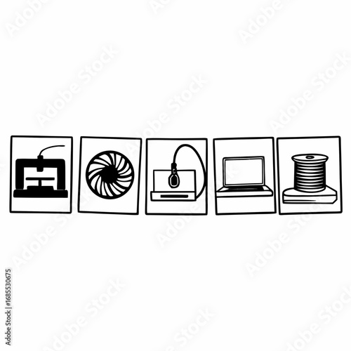 3d printing icons set featuring various printer types, laptop and filament spools