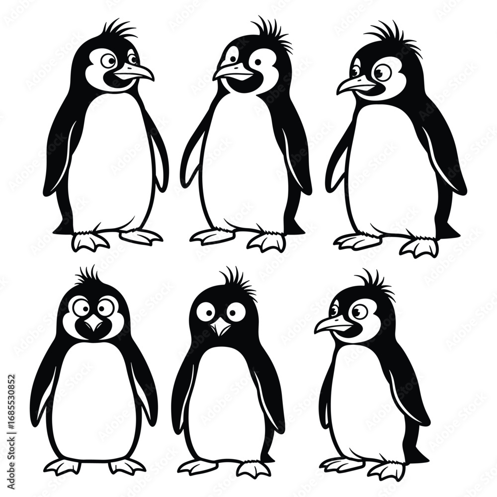Fototapeta premium Six cartoon penguins with black and white bodies and expressive faces animal bird