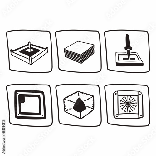 Hand drawn screen printing icons representing the process and equipment
