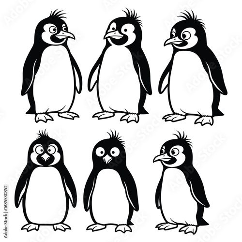 Six cartoon penguins with black and white bodies and expressive faces animal bird