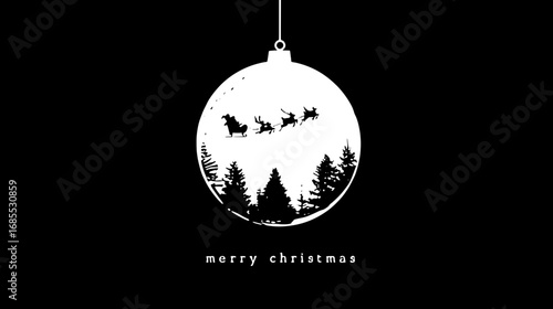 Minimalist Christmas ball design with tree and Santa sleigh silhouettes, red background, "Merry Christmas" text, greeting card template
