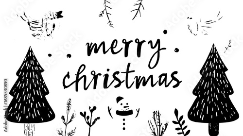 Minimalist Christmas card with "Merry Christmas" text, Christmas tree, snowman, flying dove, pastel colors, flat design, white background, cute cartoon illustration.