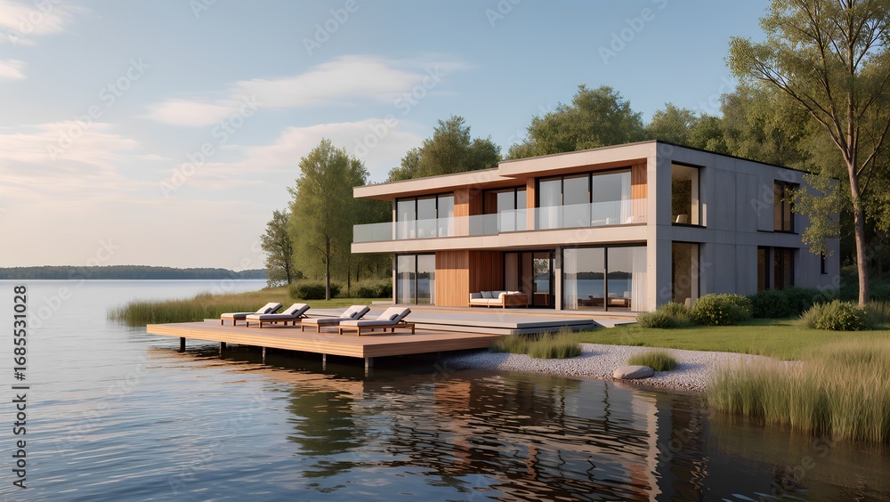 Obraz premium A breathtaking modern villa nestled on the tranquil shores of a serene lake, featuring expansive floor-to-ceiling glass windows.