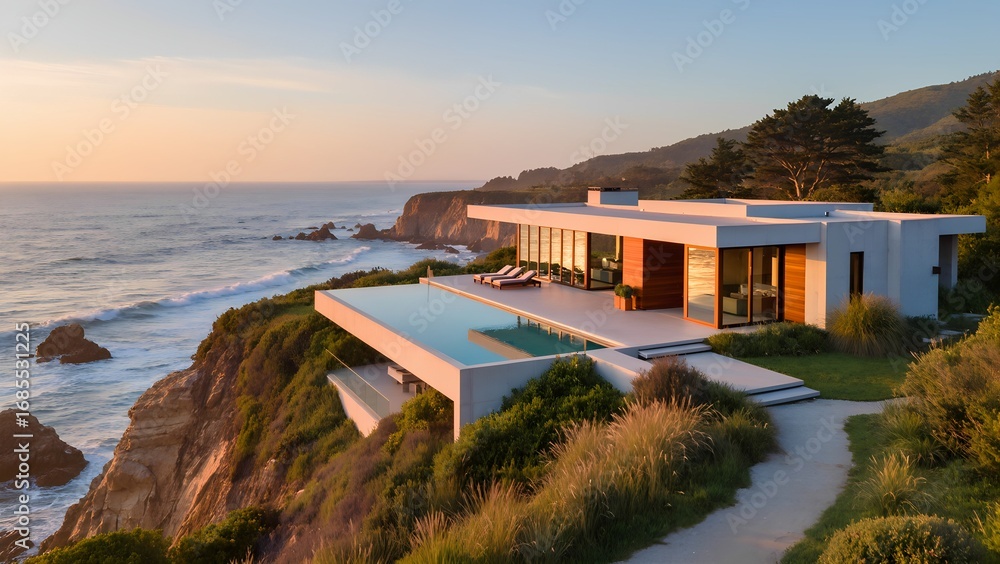 Fototapeta premium A breathtaking modern villa nestled on the tranquil shores of a serene ocean, featuring expansive floor-to-ceiling glass windows. Ocean view or sea view villa modern seaside architecture