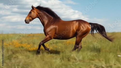 A horse running free across green meadows.