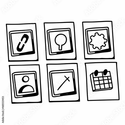 Hand drawn photo icons representing various functions and applications
