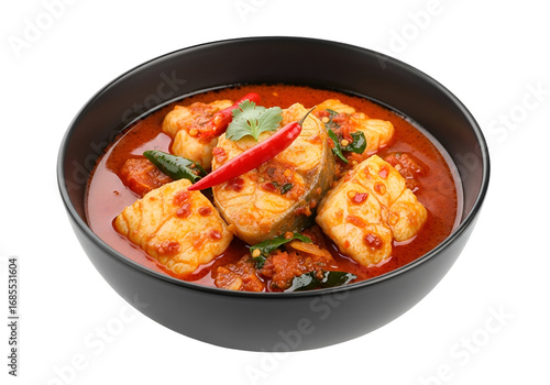 Aromatic red curry with flaky fish in a dark bowl, featuring vibrant spices and a touch of heat.