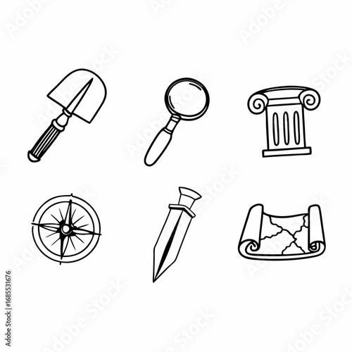Archaeological icon set with shovel, magnifying glass, column, compass, dagger, map