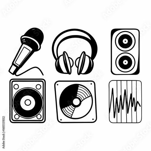 Illustration of music equipment, including microphone, headphones, and speakers