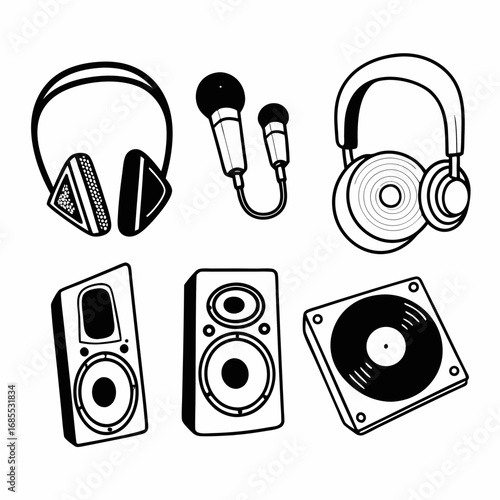 Illustration of dj equipment including headphones, microphones, speakers, and record player
