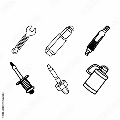 Illustration of auto mechanic tools including wrench, spark plug, and oil