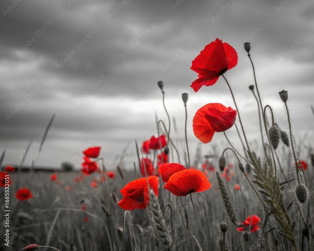 Obraz premium Vibrant red poppies bloom in a selective color field against a dramatic cloudy sky