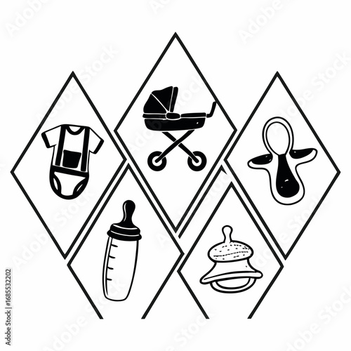 Black and white illustration of baby items arranged in diamond shapes