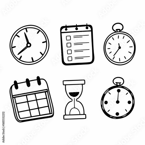 Set of six time management icons, including clock, notepad, pocketwatch, calendar, and hourglass