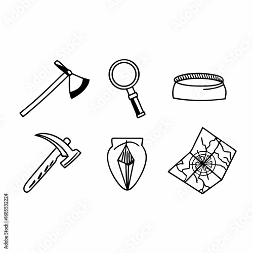 Black and white illustration of adventure and exploration tools