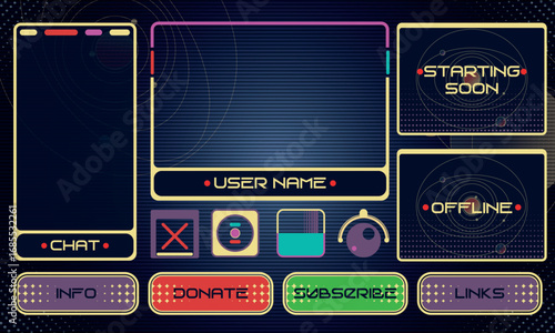 Set of Retrofuturism Modern User Interface Elements. Sci Fi HUD for streaming. Template for social media. Vector Illustration EPS10
