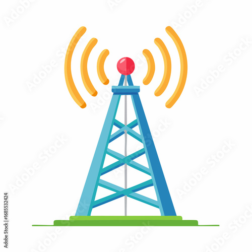 Flat Vector Icon of Telecommunication Tower with Signal Waves — Wireless Network and Broadcast Illustration