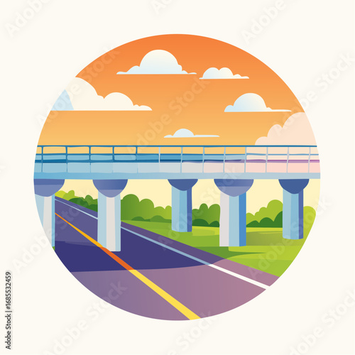 Colorful Flat Vector Icon of Highway Overpass Bridge — Transport Infrastructure and Road Engineering Illustration