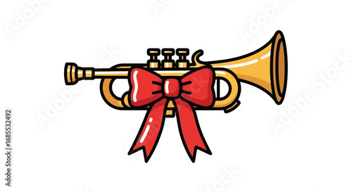 A festive golden cartoon trumpet adorned with a large, bright red bow.
