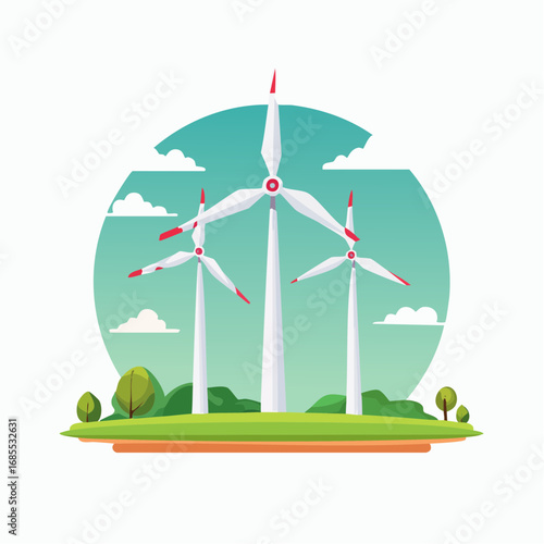 Flat Vector Illustration of Wind Farm with Three Turbines — Renewable Energy and Eco Friendly Power Generation